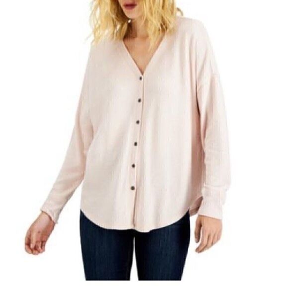 Hippie Rose Juniors’ Twist-Front Button V-Neck Top | Blush Pink |long sleeve - Picture 2 of 6